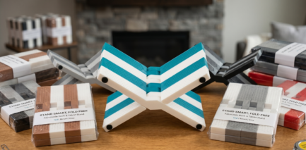 Foldable adjustable book and tablet stand in teal and white color displayed on a wooden table with packaged color variants beside it.