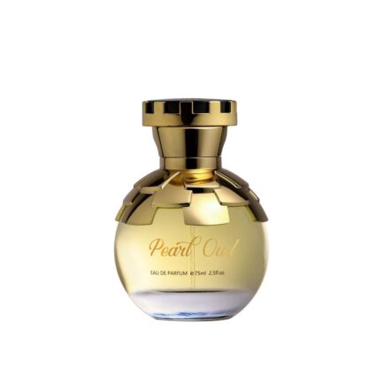 Luxury Pearl Oud Eau de Parfum bottle with elegant golden detailing displayed on seashells with premium packaging beside it.