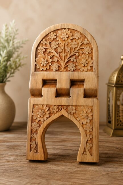 Handcrafted wooden Rehal with intricate floral carvings and foldable traditional Islamic design, displayed on a wooden table with warm aesthetic background.