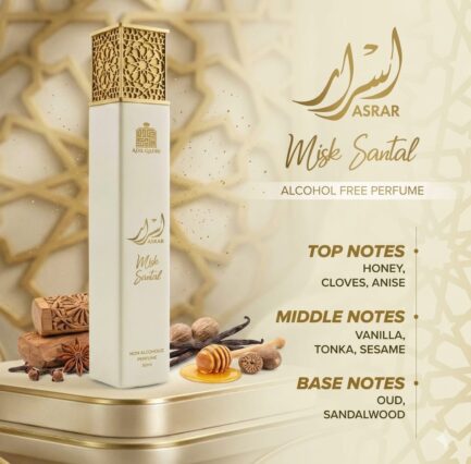 Asrar Misk Santal alcohol free perfume bottle with elegant Arabic-inspired design displayed with sandalwood, vanilla, honey, and spice ingredients.
