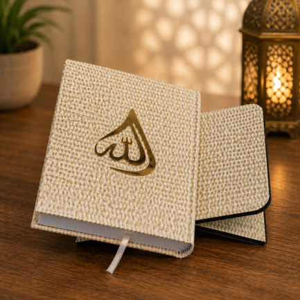 Premium white and gold Quran with Arabic Allah calligraphy on Quran stand