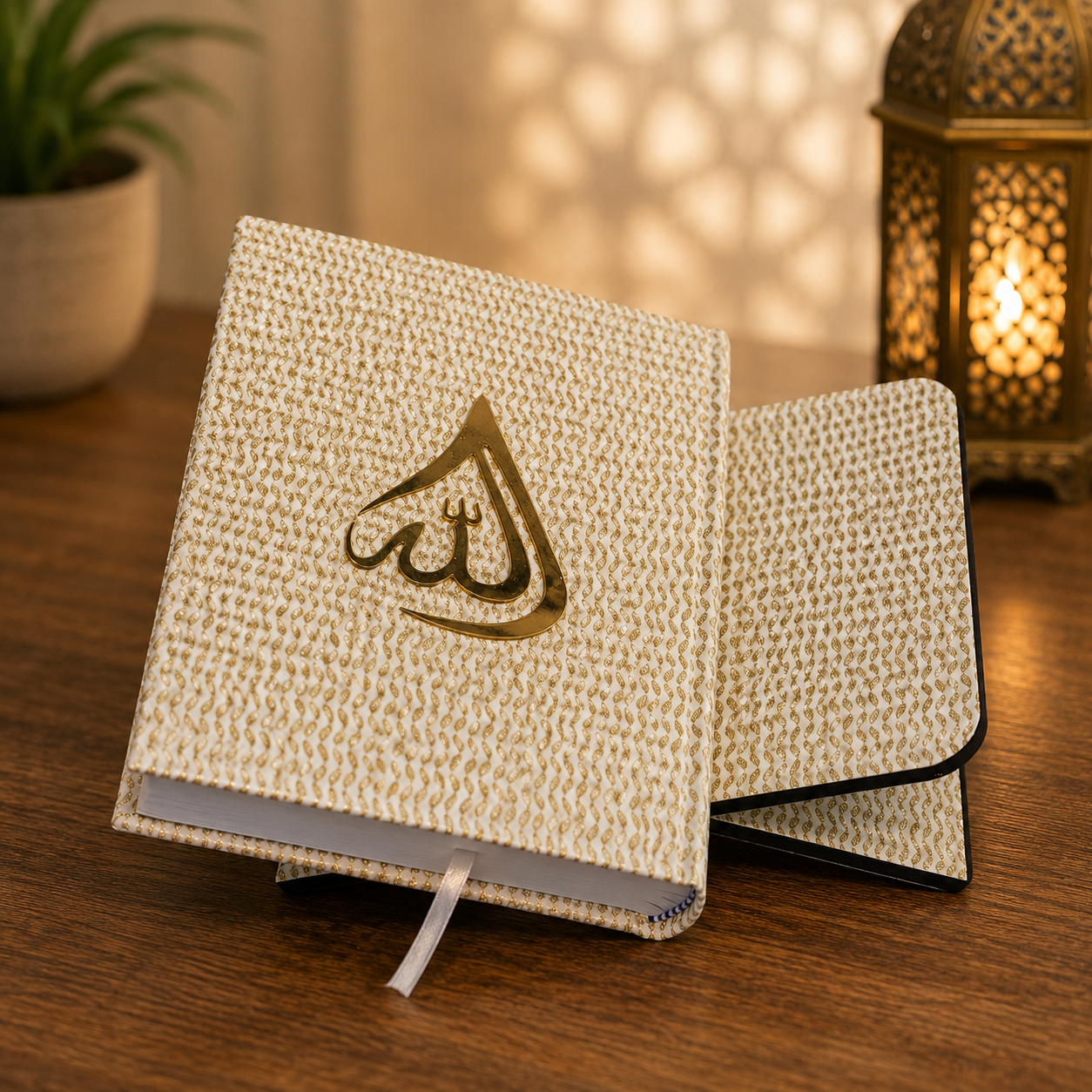 Premium White & Gold Quran with Quran Stand Premium white and gold Quran with Arabic Allah calligraphy on Quran stand