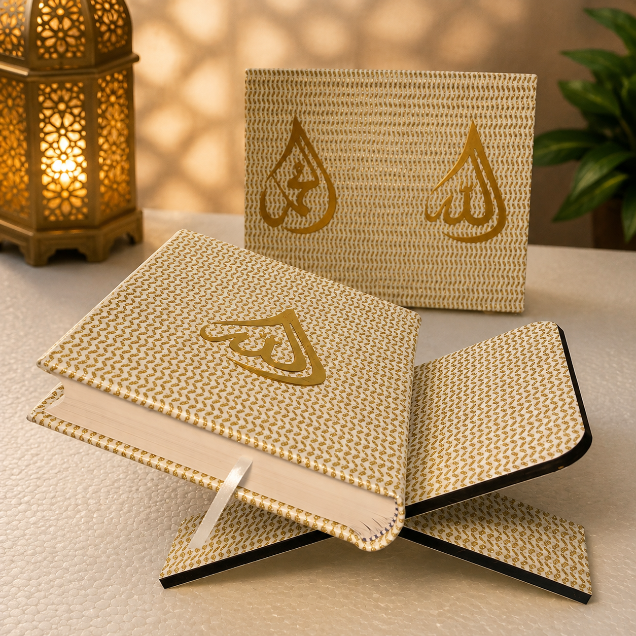 Premium White & Gold Quran with Quran Stand Premium white and gold Quran with Arabic Allah calligraphy on Quran stand